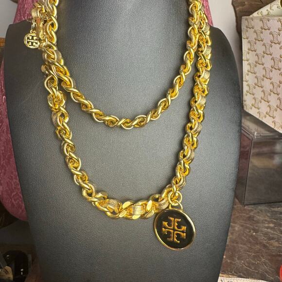 Tory Burch Gold Leather and Metal Belt Medallion Necklace 32" - Picture 1 of 4